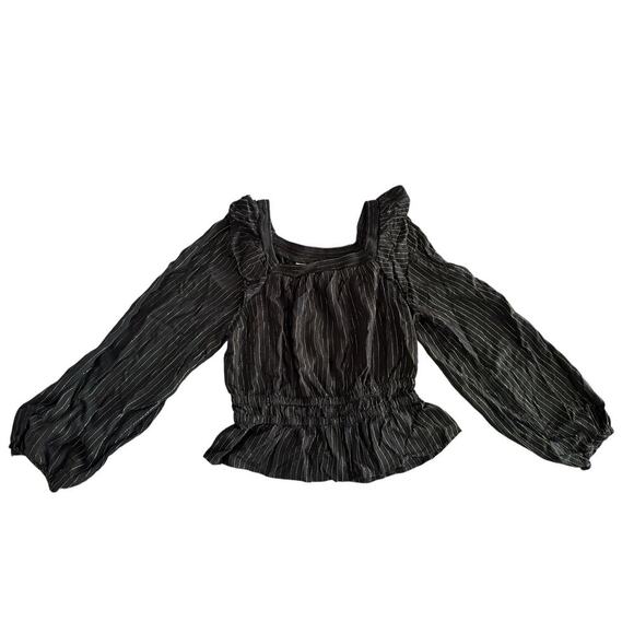 Universal Thread Women Black Metallic Stripe Long Sl S | Ruffle Square Neck Top - Picture 1 of 10